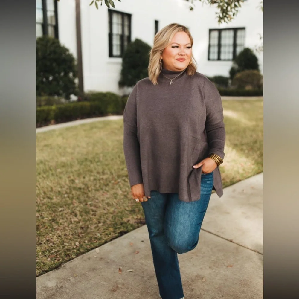 Charcoal Mock Neck Side Slit Oversized
Knit Top - Picture 3 of 6